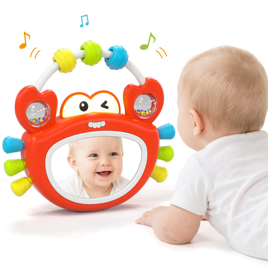 Lehoo Castle Tummy Time Toys for Babies 0-6 Months, Baby Mirror Toy with Light & Music, Wobble Crab Sensory Toy with Teether & Rattle, Infant Toy for Newborn Boys Girls