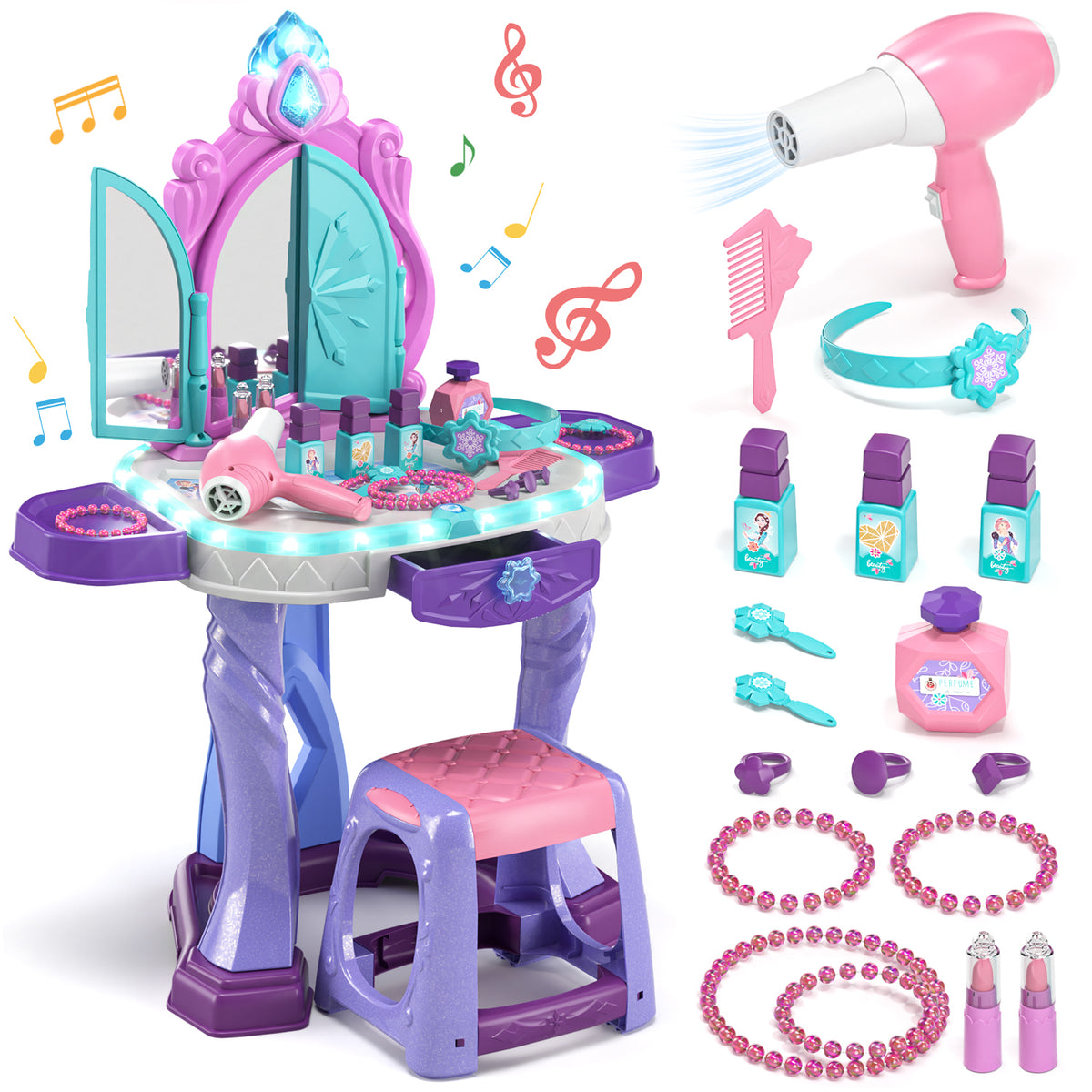Kids Vanity Sets for Girls, Pretend Makeup Table with Mirror & Light & Music Sound & Chair & Accessories, Toddler Girls Toys for 2-5 Year Old