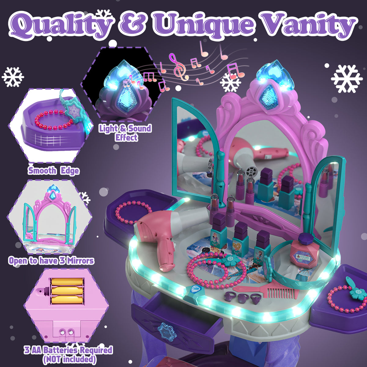 Kids Vanity Sets for Girls, Pretend Makeup Table with Mirror & Light & Music Sound & Chair & Accessories, Toddler Girls Toys for 2-5 Year Old