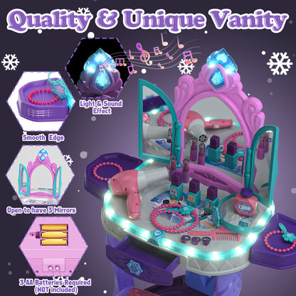 Kids Vanity Sets for Girls, Pretend Makeup Table with Mirror & Light & Music Sound & Chair & Accessories, Toddler Girls Toys for 2-5 Year Old