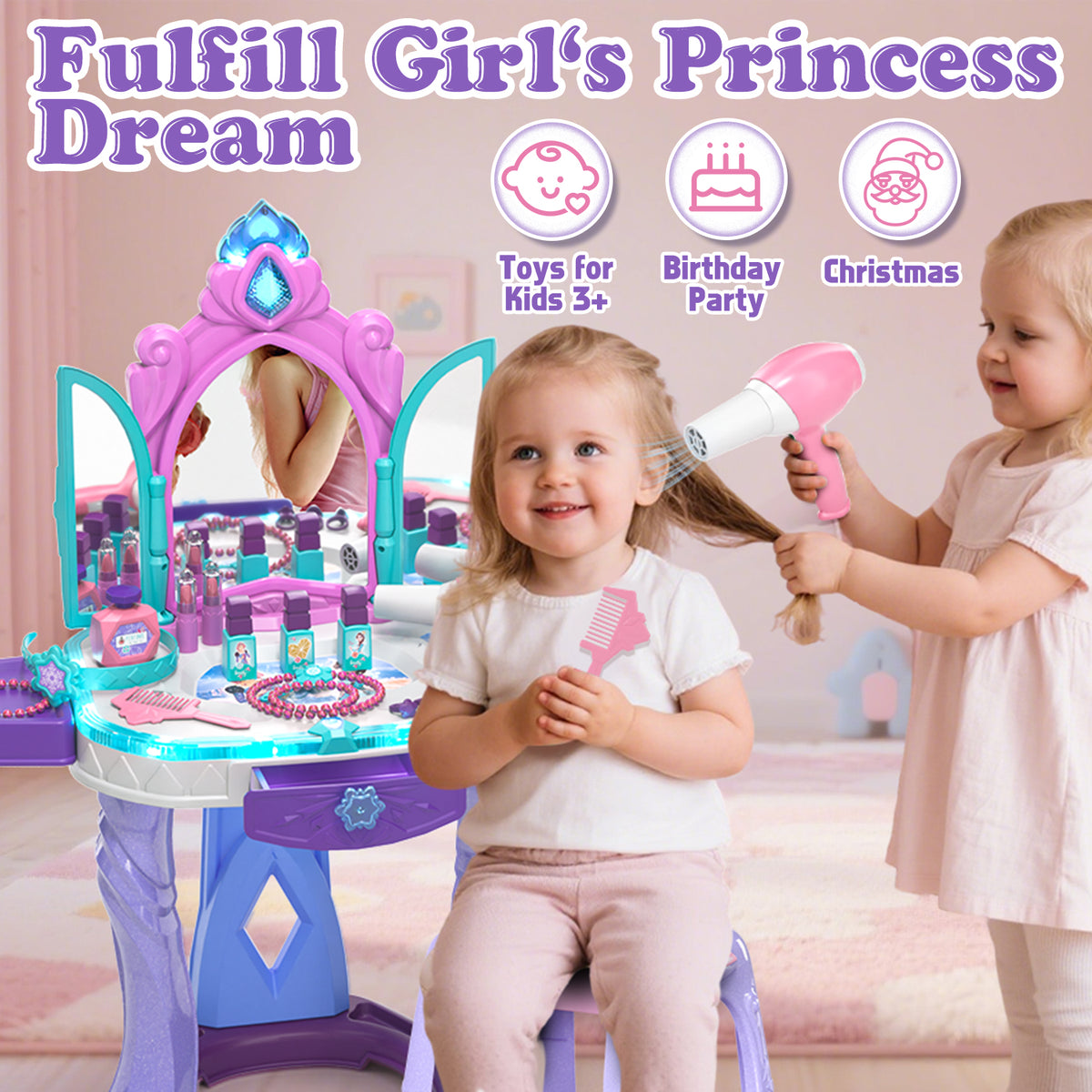 Kids Vanity Sets for Girls, Pretend Makeup Table with Mirror & Light & Music Sound & Chair & Accessories, Toddler Girls Toys for 2-5 Year Old