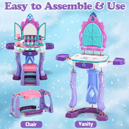 Kids Vanity Sets for Girls, Pretend Makeup Table with Mirror & Light & Music Sound & Chair & Accessories, Toddler Girls Toys for 2-5 Year Old