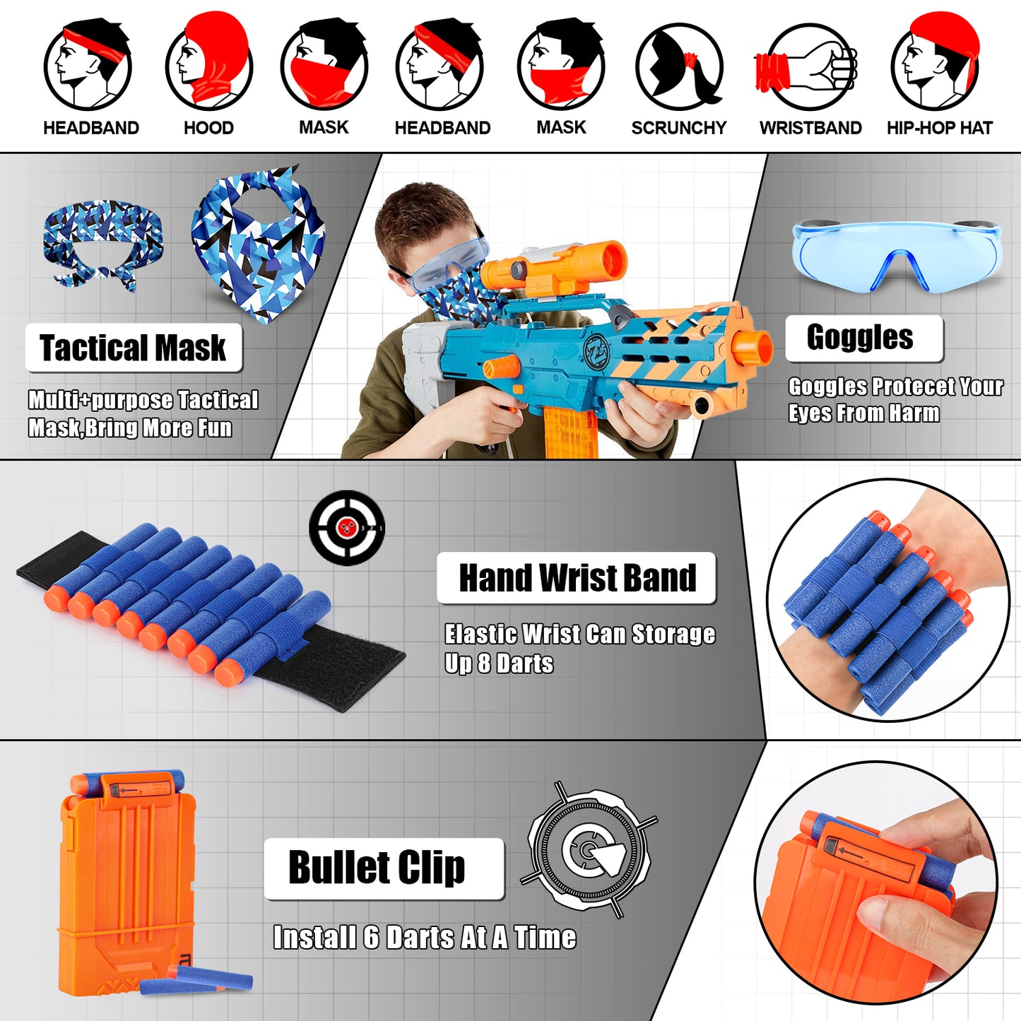 Kids Vest Kit for Nerf Series with 30 Refill Darts,Dart Pouch, Mask, Reload Clips, Wrist Band and Protective Glasses, Toys for 5 6 7 8 9 10+ Year Boys