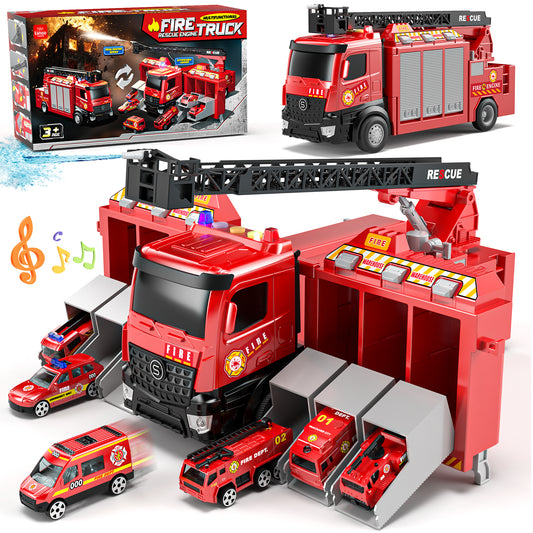 Fire Truck for Boys, Truck Toy with Siren Sounds, Shooting Water, Retractable Ladder, Flashing Lights, 6 Cars, Fire Truck Toys 3-5 Years Old Boys, Boys Birthday Gift