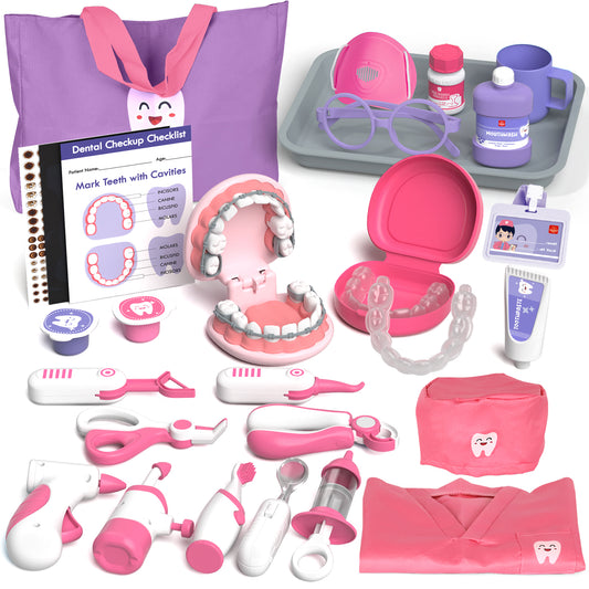 Doctor Kit for Kids Toddler Toys for 3+ 4 5 6 Year Old Girls, Kids Doctor Play Set, Dentist Kit for Kids, Doctor Costume & Dental Tools, Pretend Doctor Learning Toys for Toddlers Birthday Gift (Pink)