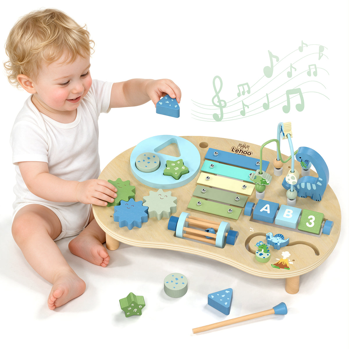 Activity Table for 1 Year Old, 7 in 1 Wooden Sensory Table with Bead Maze, Shape Sorter, Dinosaur Toys, Montessori Toys for 1 Year Old, Learning Toys for 1 + Year Old Kids Birthdays Gifts