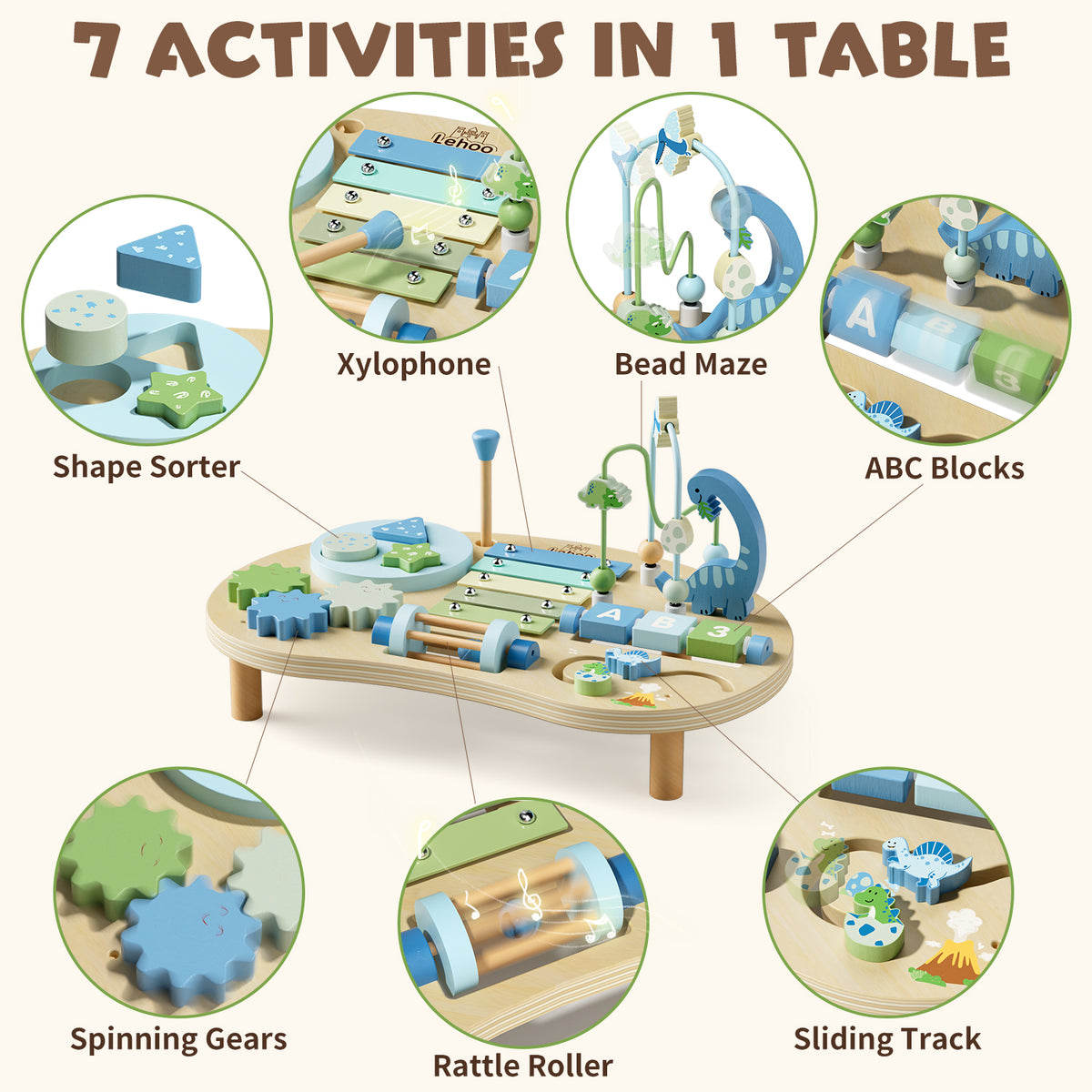 Activity Table for 1 Year Old, 7 in 1 Wooden Sensory Table with Bead Maze, Shape Sorter, Dinosaur Toys, Montessori Toys for 1 Year Old, Learning Toys for 1 + Year Old Kids Birthdays Gifts