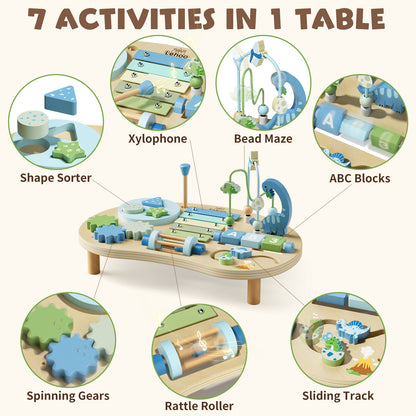 Activity Table for 1 Year Old, 7 in 1 Wooden Sensory Table with Bead Maze, Shape Sorter, Dinosaur Toys, Montessori Toys for 1 Year Old, Learning Toys for 1 + Year Old Kids Birthdays Gifts
