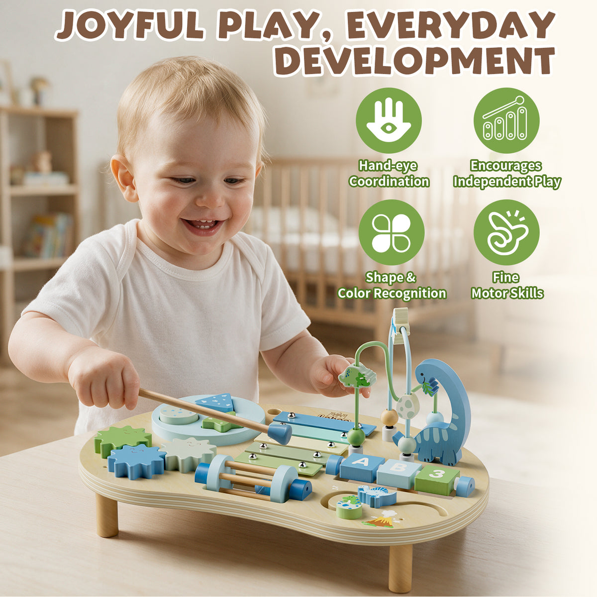 Activity Table for 1 Year Old, 7 in 1 Wooden Sensory Table with Bead Maze, Shape Sorter, Dinosaur Toys, Montessori Toys for 1 Year Old, Learning Toys for 1 + Year Old Kids Birthdays Gifts