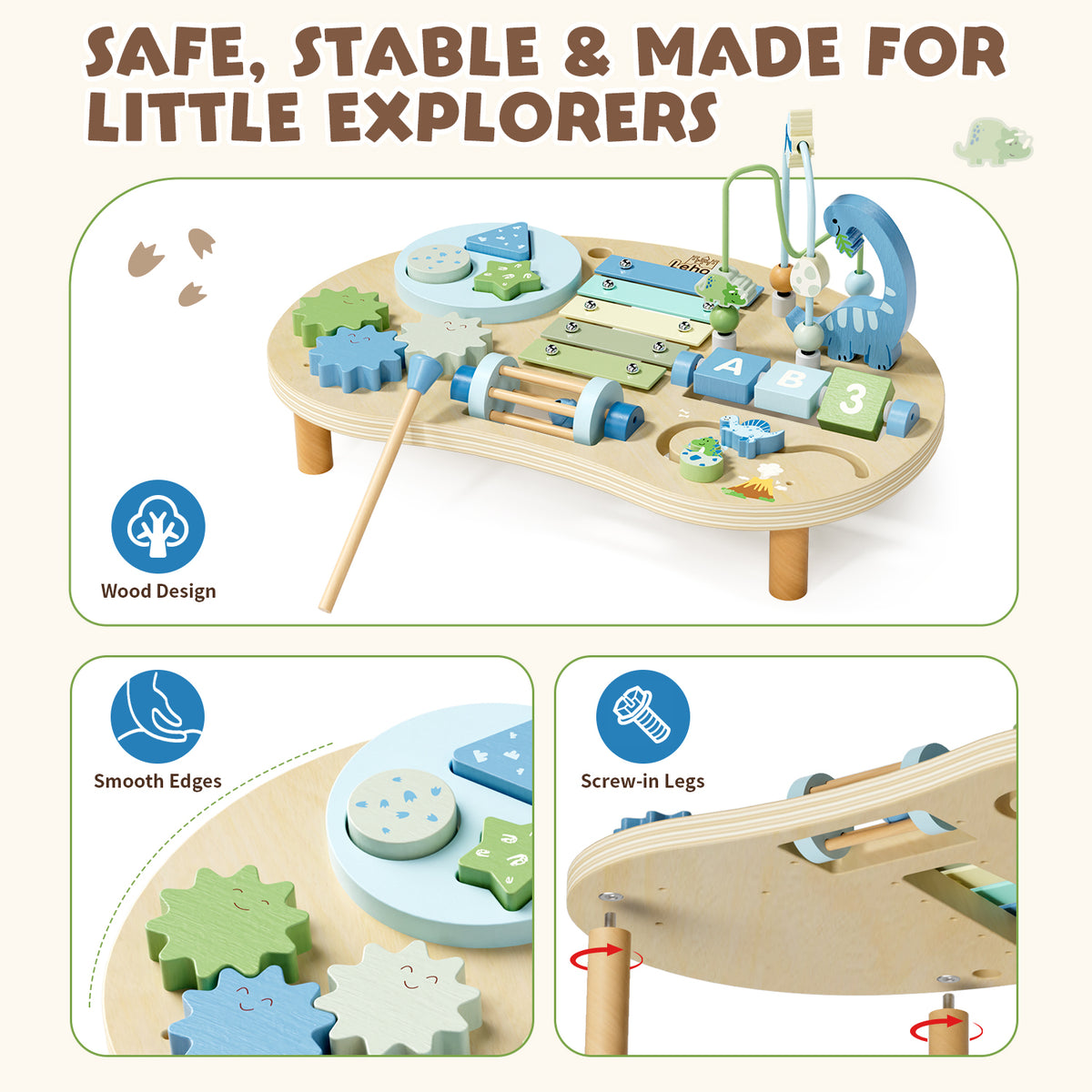 Activity Table for 1 Year Old, 7 in 1 Wooden Sensory Table with Bead Maze, Shape Sorter, Dinosaur Toys, Montessori Toys for 1 Year Old, Learning Toys for 1 + Year Old Kids Birthdays Gifts