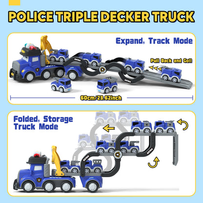 Toys for 2 Year Old Boy, Toy Trucks Car for Boys 2 3 4 5 Years Old, Police Truck Toys Cars with Lights & Sounds, 5 in 1 Toddler Carrier Truck Toy with 4 Pull Back Cars, Best Birthday Gifts for Boys