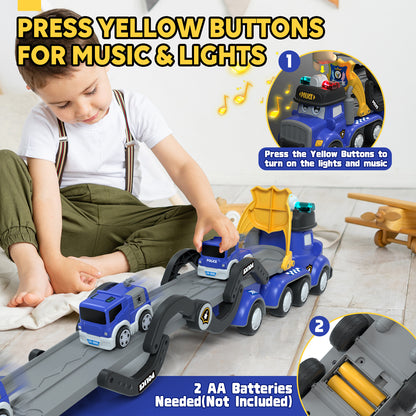 Toys for 2 Year Old Boy, Toy Trucks Car for Boys 2 3 4 5 Years Old, Police Truck Toys Cars with Lights & Sounds, 5 in 1 Toddler Carrier Truck Toy with 4 Pull Back Cars, Best Birthday Gifts for Boys
