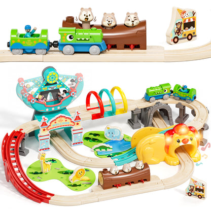 Train Set, Wooden Train Set for Kids, Train Toy for Girls Boys 2 3 4 5 Year, Train Set with Amusement Park Theme, Compatible with Other Brands