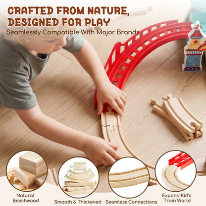 Train Set, Wooden Train Set for Kids, Train Toy for Girls Boys 2 3 4 5 Year, Train Set with Amusement Park Theme, Compatible with Other Brands