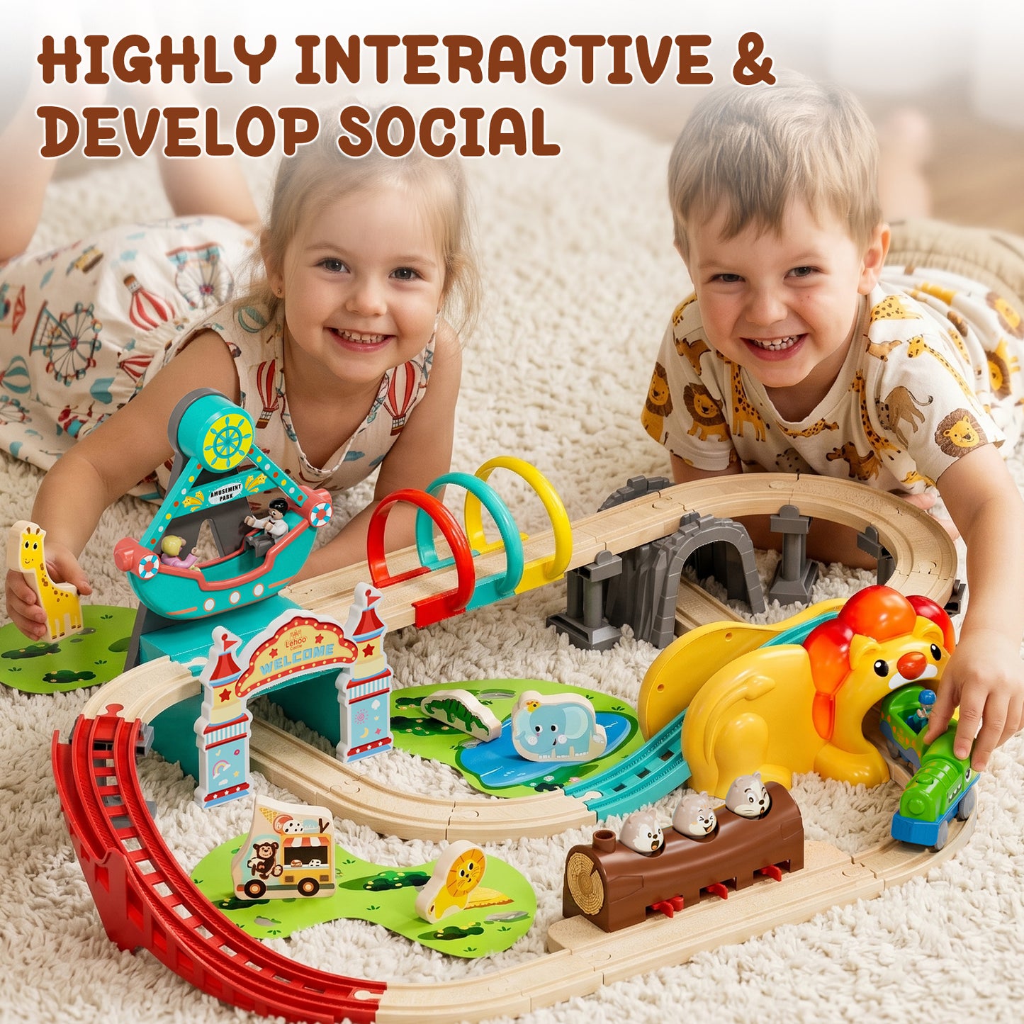 Train Set, Wooden Train Set for Kids, Train Toy for Girls Boys 2 3 4 5 Year, Train Set with Amusement Park Theme, Compatible with Other Brands