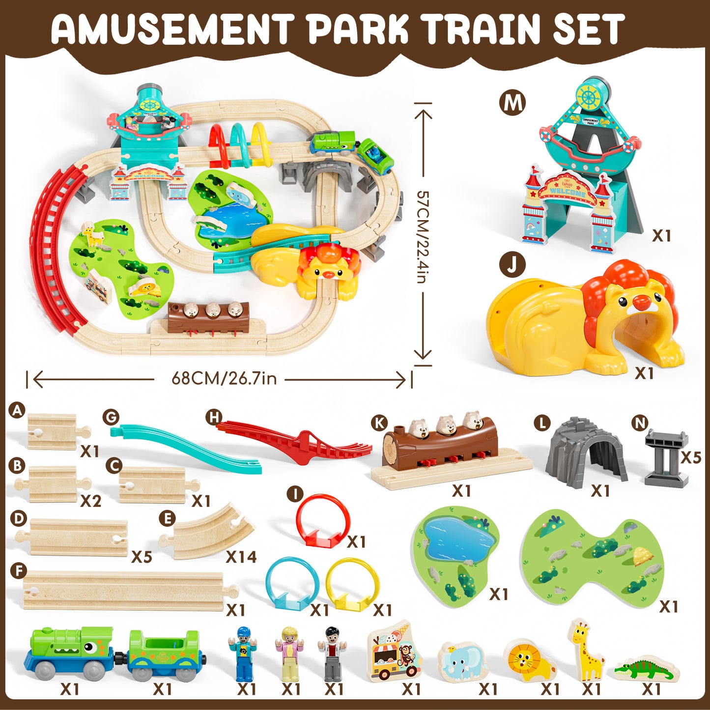 Train Set, Wooden Train Set for Kids, Train Toy for Girls Boys 2 3 4 5 Year, Train Set with Amusement Park Theme, Compatible with Other Brands