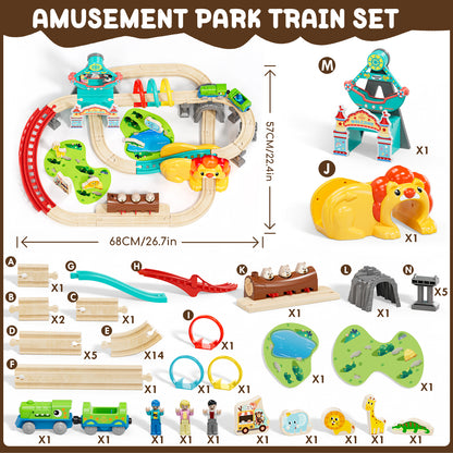 Train Set, Wooden Train Set for Kids, Train Toy for Girls Boys 2 3 4 5 Year, Train Set with Amusement Park Theme, Compatible with Other Brands
