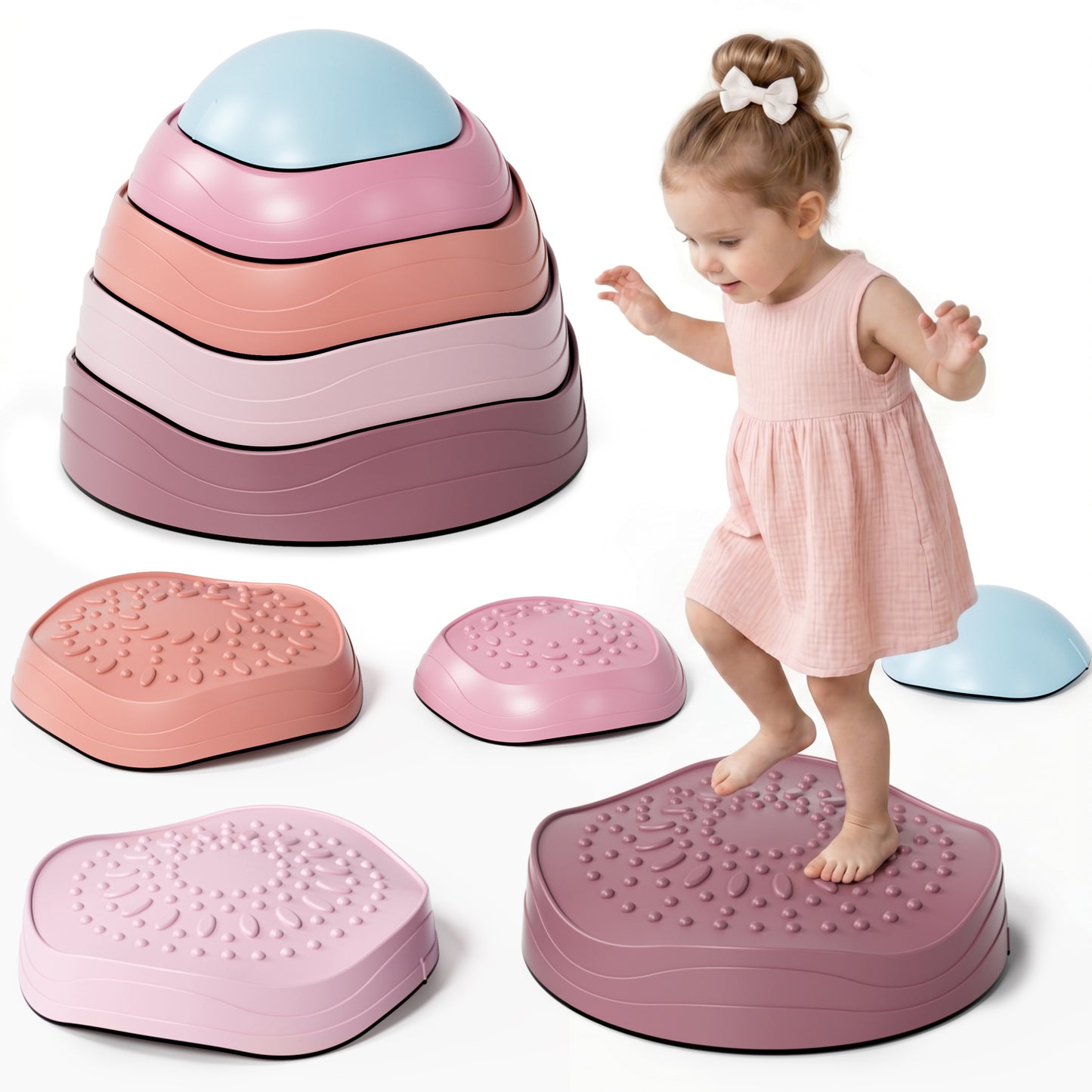 Stepping Stones for Kids, 5Pcs Non-Slip Balance Stepping Stones, Up to 220lbs, Coordination Skills Sensory Toys for Toddlers Ages 2 3 4 5+, Indoor and Outdoor Toys Lawn Games - Pink