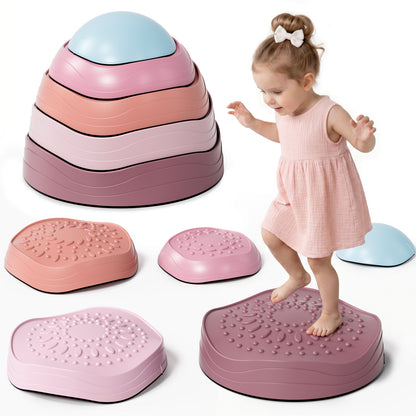 Stepping Stones for Kids, 5Pcs Non-Slip Balance Stepping Stones, Up to 220lbs, Coordination Skills Sensory Toys for Toddlers Ages 2 3 4 5+, Indoor and Outdoor Toys Lawn Games - Pink