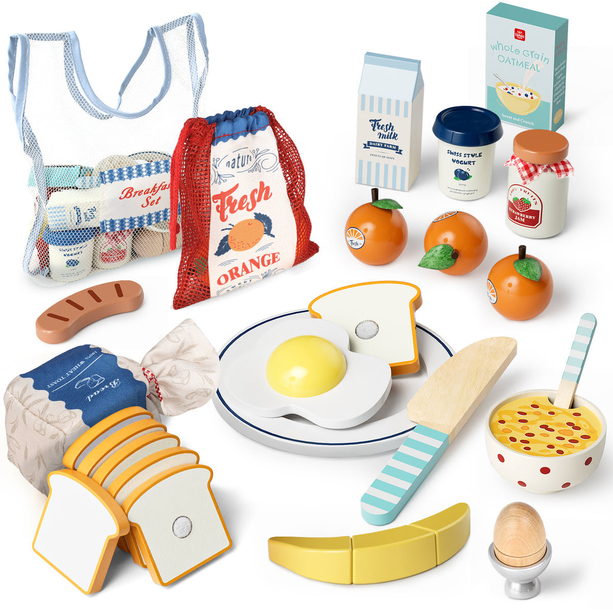 Play Food Sets, Wooden Play Kitchen Accessories Kids Cutting Pretend Play Fake Food Toys for 3 4 5 6 7 Years Girls Boys Toddlers Toys