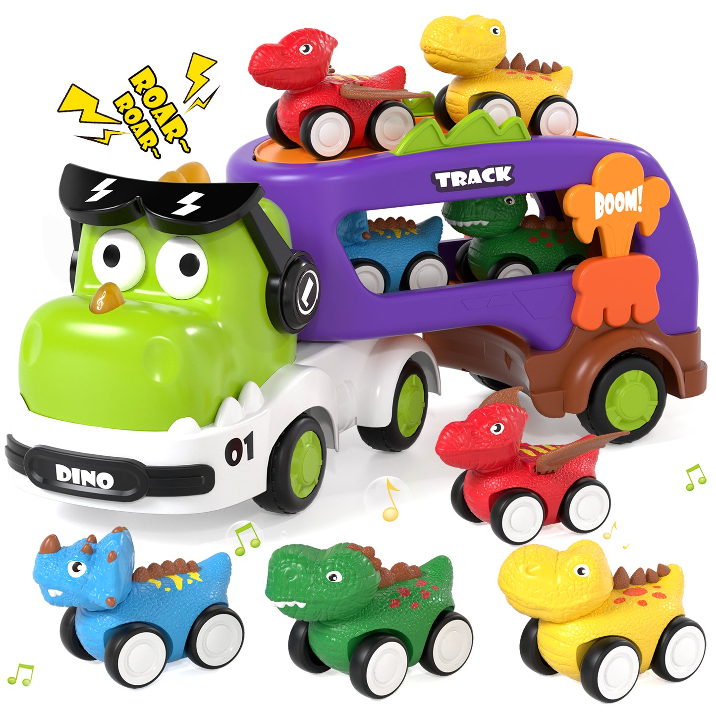 Toys for 2 Year Old Boys, Toddler Dinosaur Truck with Sounds & Lights, Toys Cars Set with Race Track, Pull Back Cars Baby Toys, Toys for Boys 2 to 4 Years Old, Best Birthday Christmas Gifts