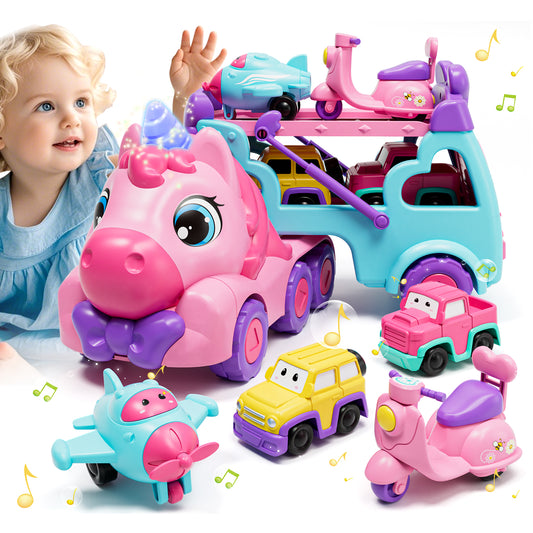Toddler Girl Toys, 5-in-1 Unicorn Transport Truck for 2 3 4 Year Old Girls, Kids Toy for 2+ Year Old Girls with Light & Music, Toddler Toy Truck Car for 2-4 Girls Birthday Gift