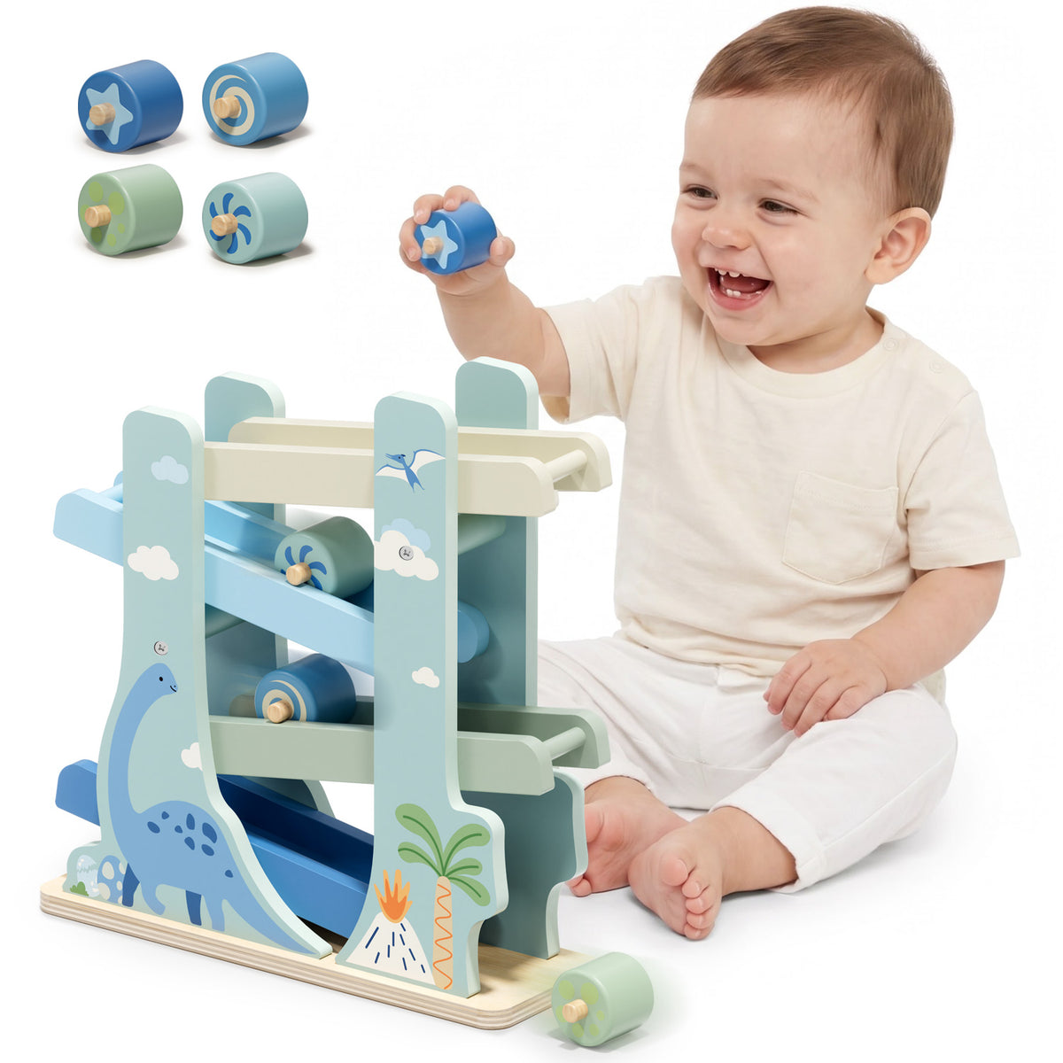 Car Ramp Toy, Dinosaur Wooden Car Track for Toddlers 1-3, Wooden Toys for 1 Year Old, Montessori Learning Toys, Car Ramp Toy Set for 1 2 3 Year Old Kids Birthday Gifts