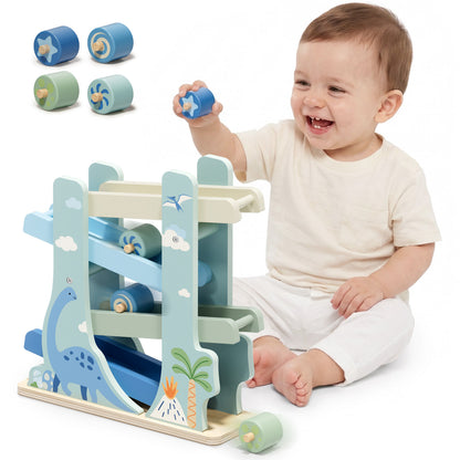 Car Ramp Toy, Dinosaur Wooden Car Track for Toddlers 1-3, Wooden Toys for 1 Year Old, Montessori Learning Toys, Car Ramp Toy Set for 1 2 3 Year Old Kids Birthday Gifts