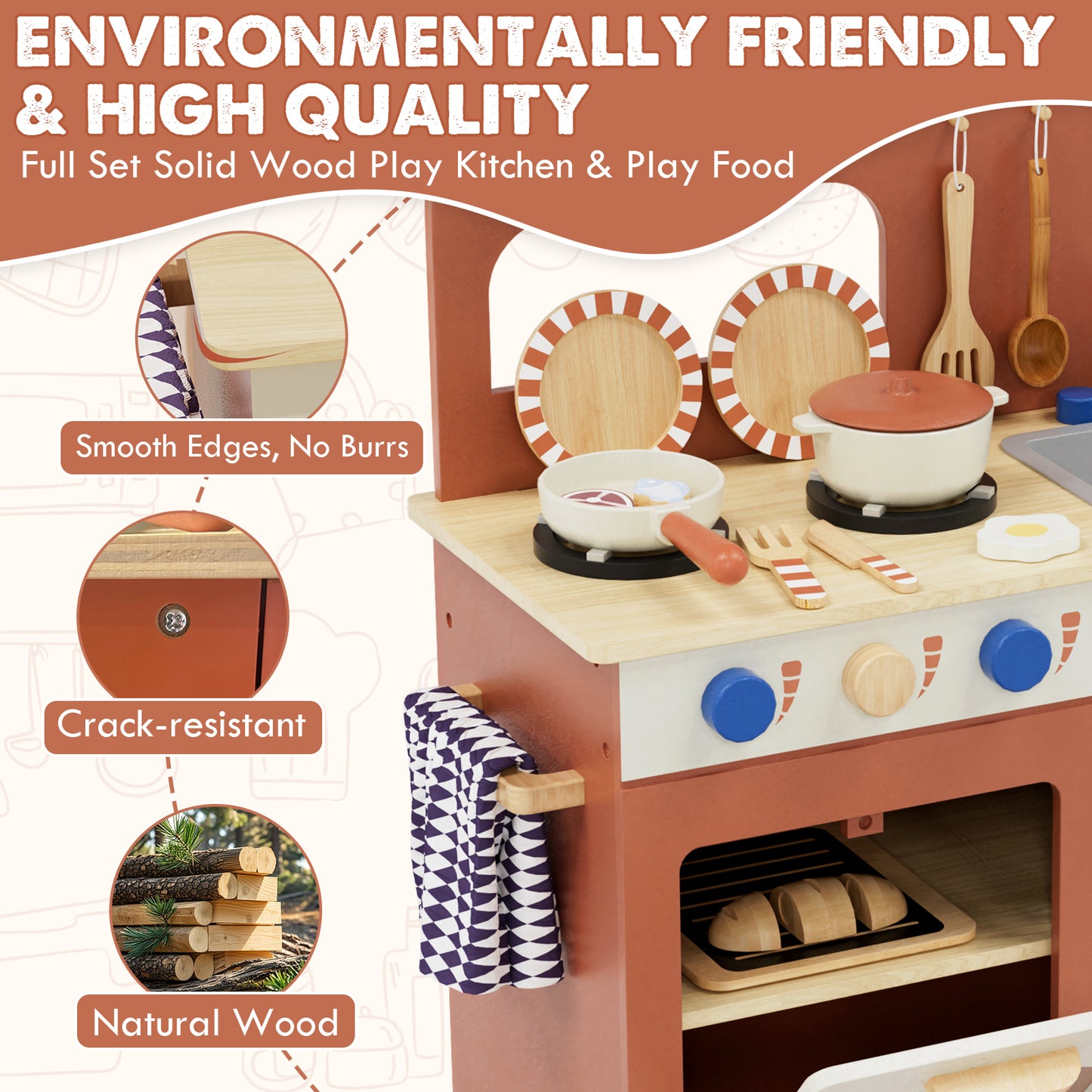 Play Kitchen, Kids Wooden Kitchen Play Set with Cutting Play Food, Pretend Play Stove + Play Sink + Oven, Toy Kitchen Set for 2 3 4 Years Old Girls Boys, Best Birthday Christmas Gifts