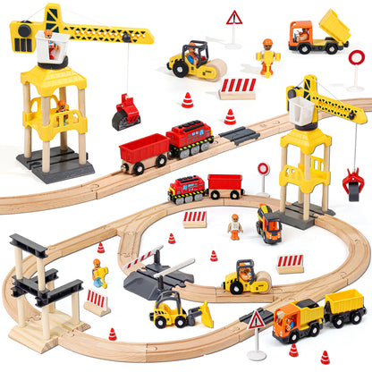 Train Set, 68 Pcs Wooden Train Set for Kids, Train Toy for Boy 2 3 4 5 Year, Train Track Set with Crane & Accessories, Toy for 2 Year Old Kids Birthday Gift, Compatible with Other Brands