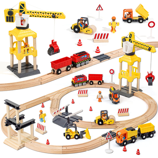 Train Set, 68 Pcs Wooden Train Set for Kids, Train Toy for Boy 2 3 4 5 Year, Train Track Set with Crane & Accessories, Toy for 2 Year Old Kids Birthday Gift, Compatible with Other Brands
