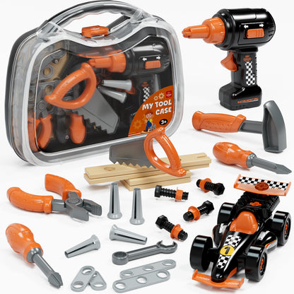 Kids Tool Set for Boys 2-4, Kids Tool Set with Carrying Case & Toy Drill & Racing Car, Montessori Stem Educational Pretend Play Construction Toy, Toys for 3 Year Old Boys Birthday Gifts - Orange