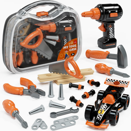 Kids Tool Set for Boys 2-4, Kids Tool Set with Carrying Case & Toy Drill & Racing Car, Montessori Stem Educational Pretend Play Construction Toy, Toys for 3 Year Old Boys Birthday Gifts - Orange