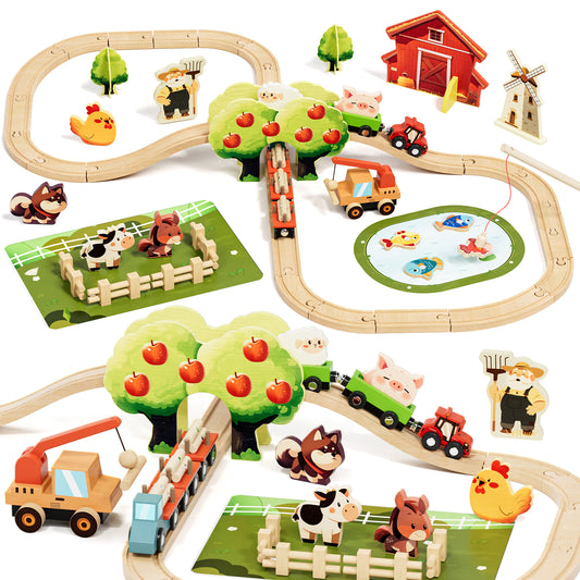 Farm Animals Train Toy Set, 77PCS Wooden Train Track Toy Set with Farm Accessories, Wooden Train Set for Kids 3 4 5 Year Old, Best Birthday Gift for Kids