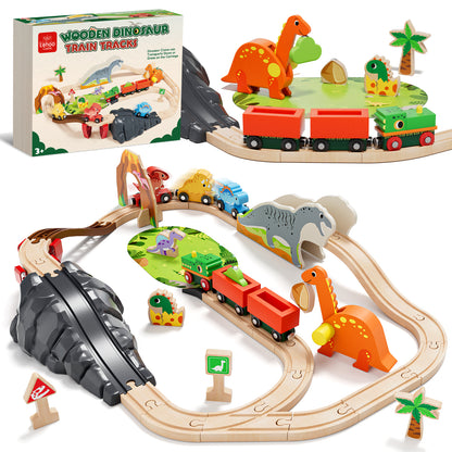 Train Set, Wooden Train Set for Kids Ages 4-8, Railway Track Toy Set with Locomotive, 3 Dinosaur Cars, Compatible with Other Brands