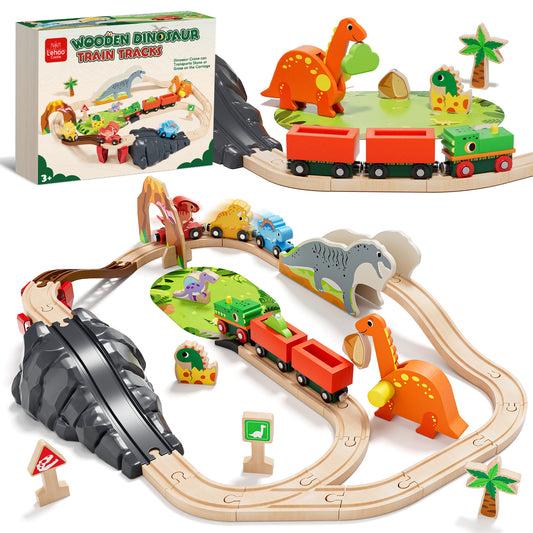 Train Set, Wooden Train Set for Kids Ages 4-8, Railway Track Toy Set with Locomotive, 3 Dinosaur Cars, Compatible with Other Brands