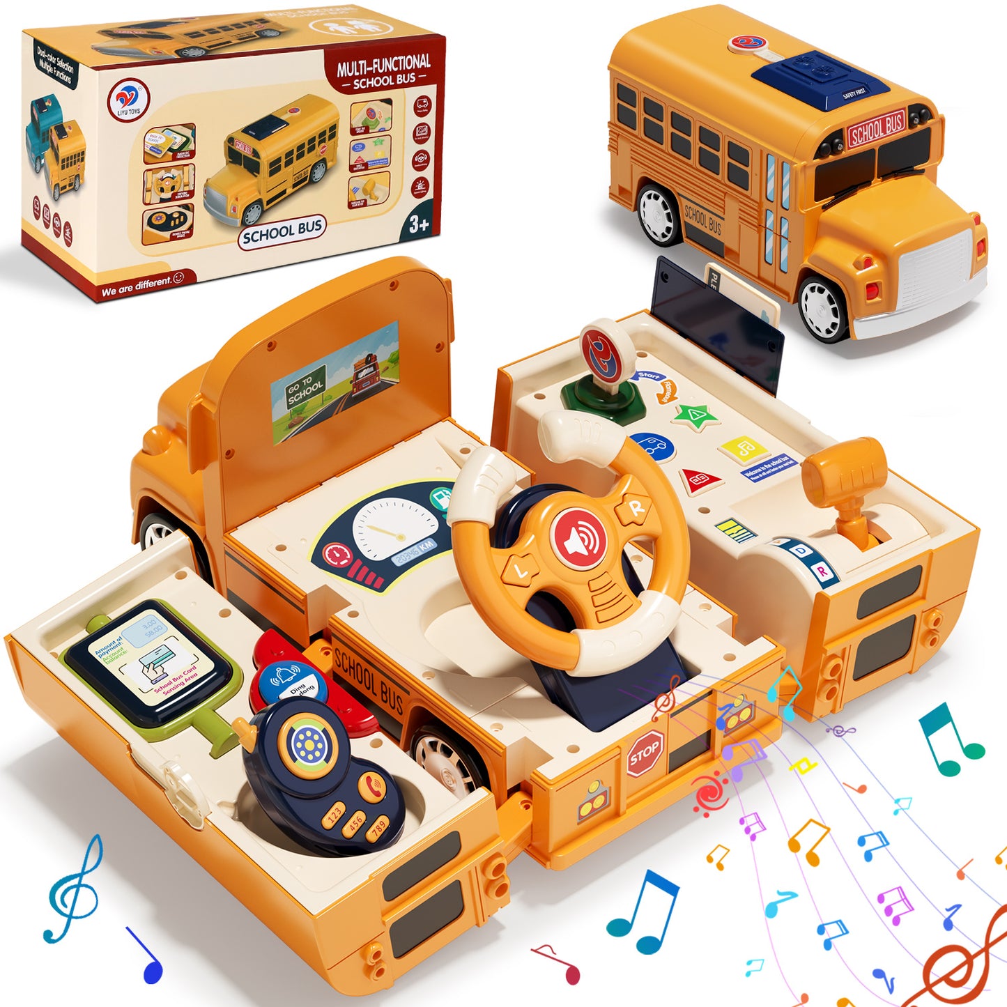 School Bus Toys for Toddler 1 3, School Bus Toys with Light & Sound, Foldable School Bus Toys for Boys, Toys Boys 1 Year Old, Christmas Birthday Gift for Boy