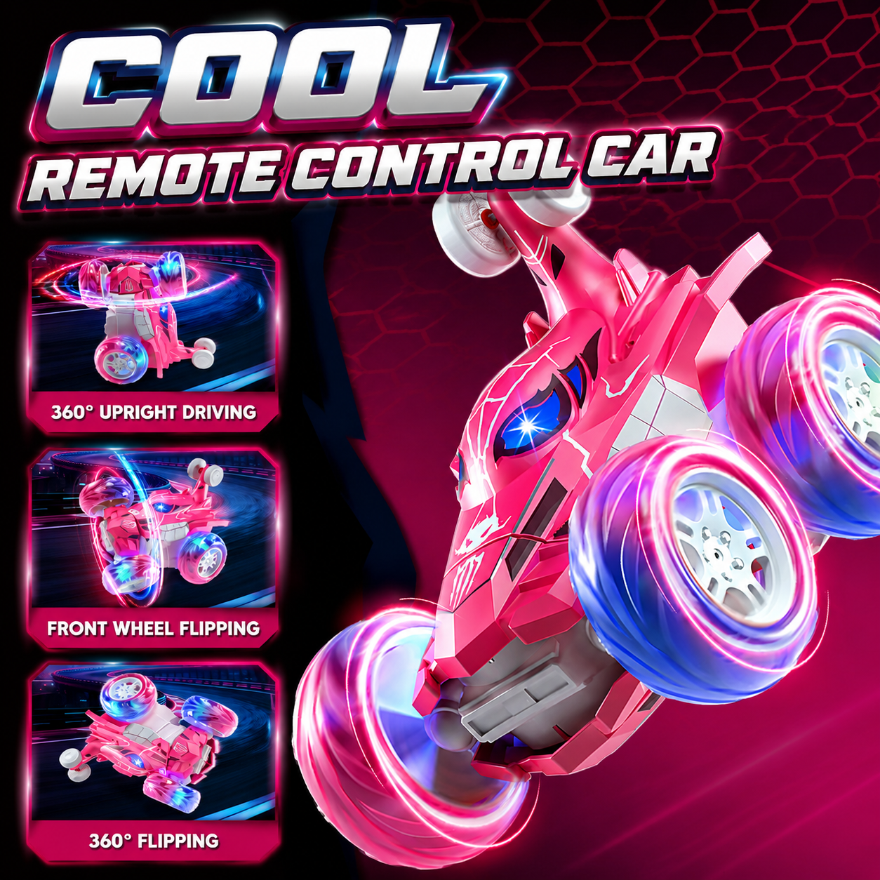 Remote Control Car, RC Cars, 2.4Ghz Fast Stunt with Cool Lights, 360° Rotation Race Car, Outdoor Toys for Boys 5-10 Year Old, Best Gift for Birthday