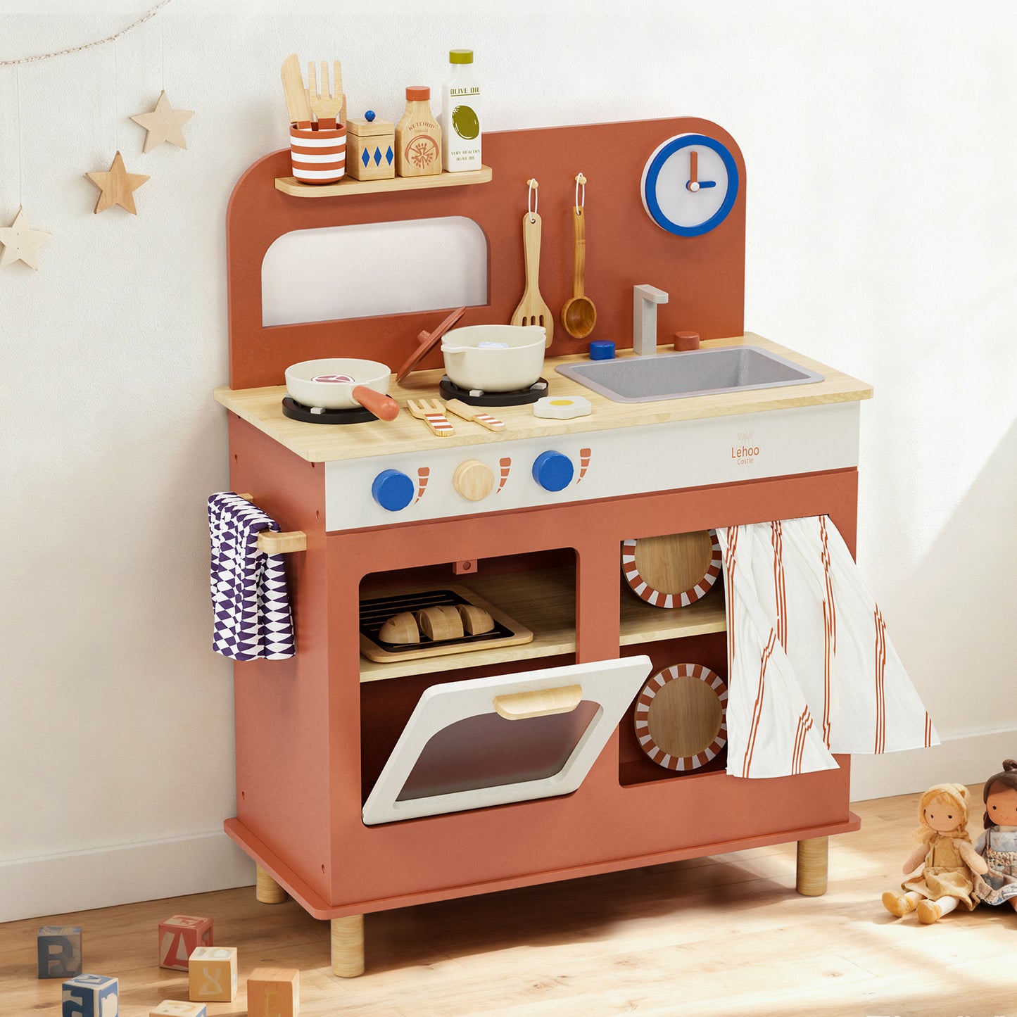Play Kitchen, Kids Wooden Kitchen Play Set with Cutting Play Food, Pretend Play Stove + Play Sink + Oven, Toy Kitchen Set for 2 3 4 Years Old Girls Boys, Best Birthday Christmas Gifts