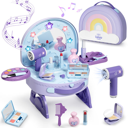 Kids Vanity Sets for Girls, Kids Make up Vanity with Mirror & Lights & Music & Pretend Cosmetics, Toddler Portable Vanity Set for Girls, Princess Dress up for Girl 3 4 5 6 Year Old Girls