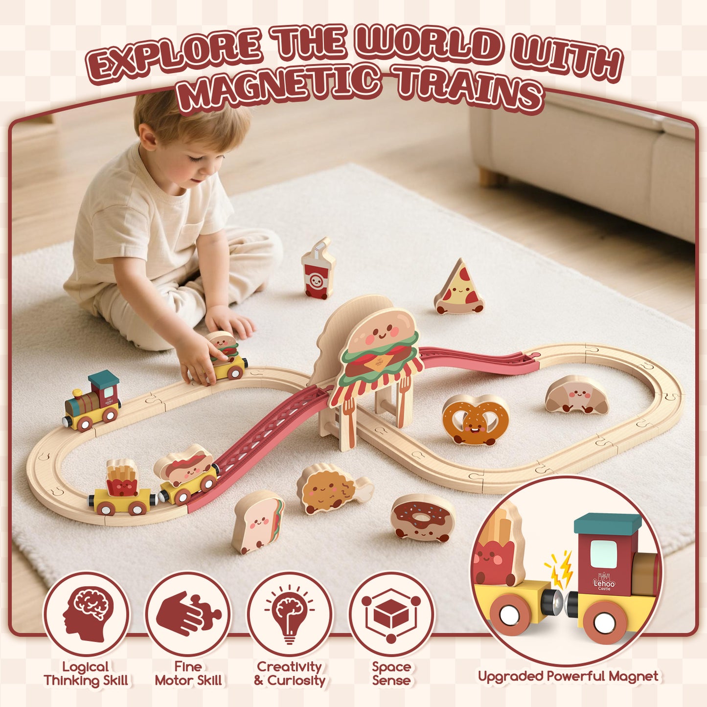 Train Set, Wooden Train Set for Kids, Wooden Train Toy for Girls Boys 2 3 4 5 Year, Train Set with Hamburger & Bread Accessories, Compatible with Other Brands