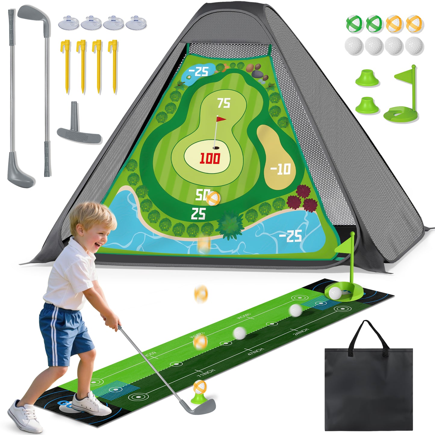 Golf Toys Set for Kids, Golf sticky target with Sticky Ball, Golf Putting Practice Mat with Storage Bag, Sticky Practice Golf Game Set for 2 3 4 5 6 Year Old Boys Girls Indoor Outdoor