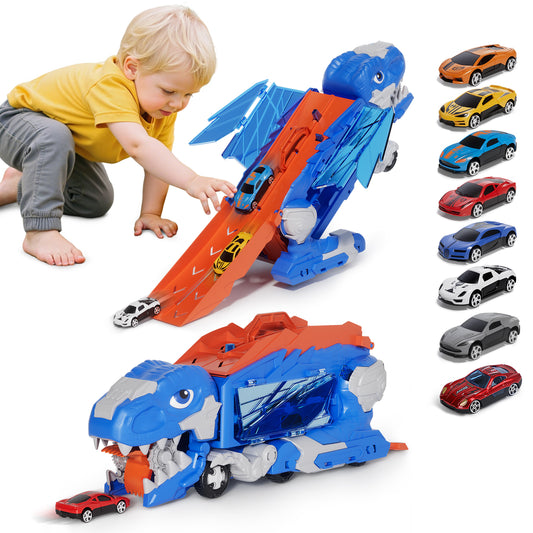 Dinosaur Truck Toy, Toys for Boys 2 to 4 Years Old, Toys Cars Set with Race Track Transporter Hauler Dinosaur Transporter Truck with 8 Die-Cast Car Toys Gifts for Kids Ages 2 3 4 5 6 Years Old