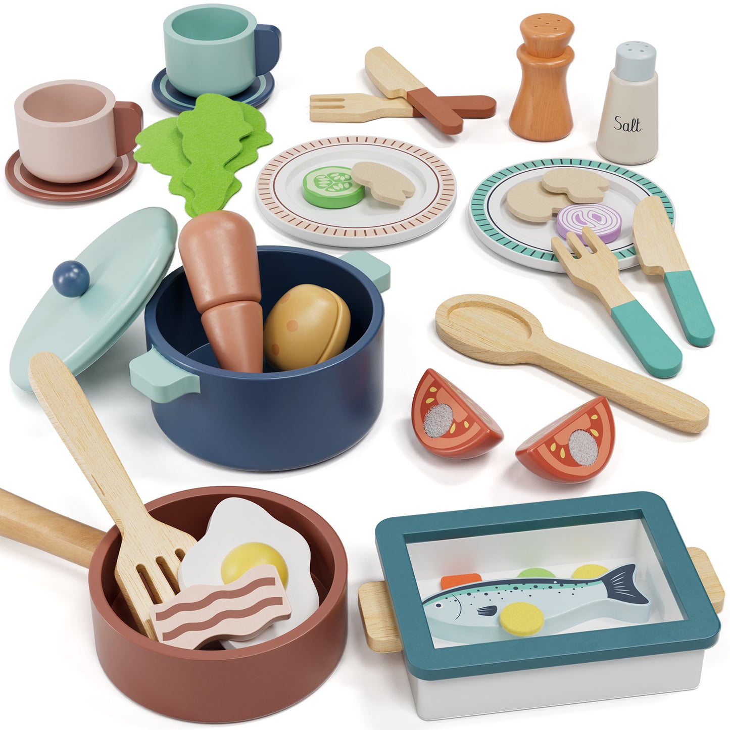 LC Play Food Sets, Wooden Play Food Set for Kids Kitchen Play Kitchen Accessories Kids Cutting Pretend Play Fake Food Toys for 3 4 5 6 7 Years Girls Boys Toddlers Educational Toys