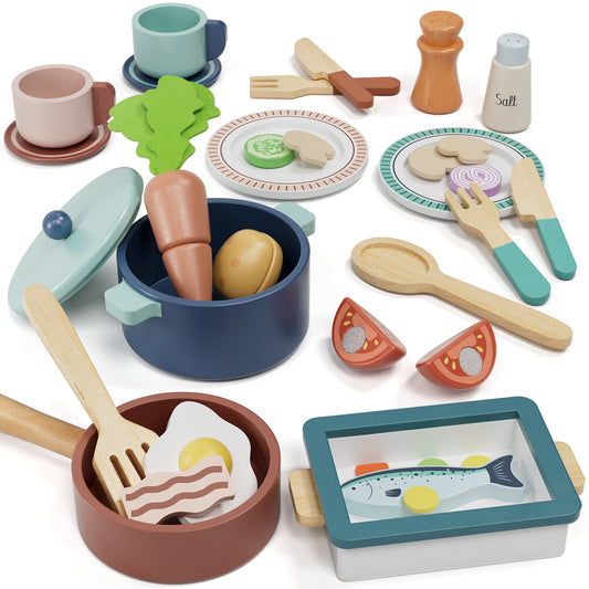 LC Play Food Sets, Wooden Play Food Set for Kids Kitchen Play Kitchen Accessories Kids Cutting Pretend Play Fake Food Toys for 3 4 5 6 7 Years Girls Boys Toddlers Educational Toys