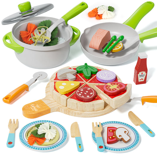 Play Food Sets, Play Kitchen Accessories for Kids, Wooden Pizza Toys, Pretend Play Food for 3 4 5 6 Year Old Kids, Best Gifts for Birthday Christmas
