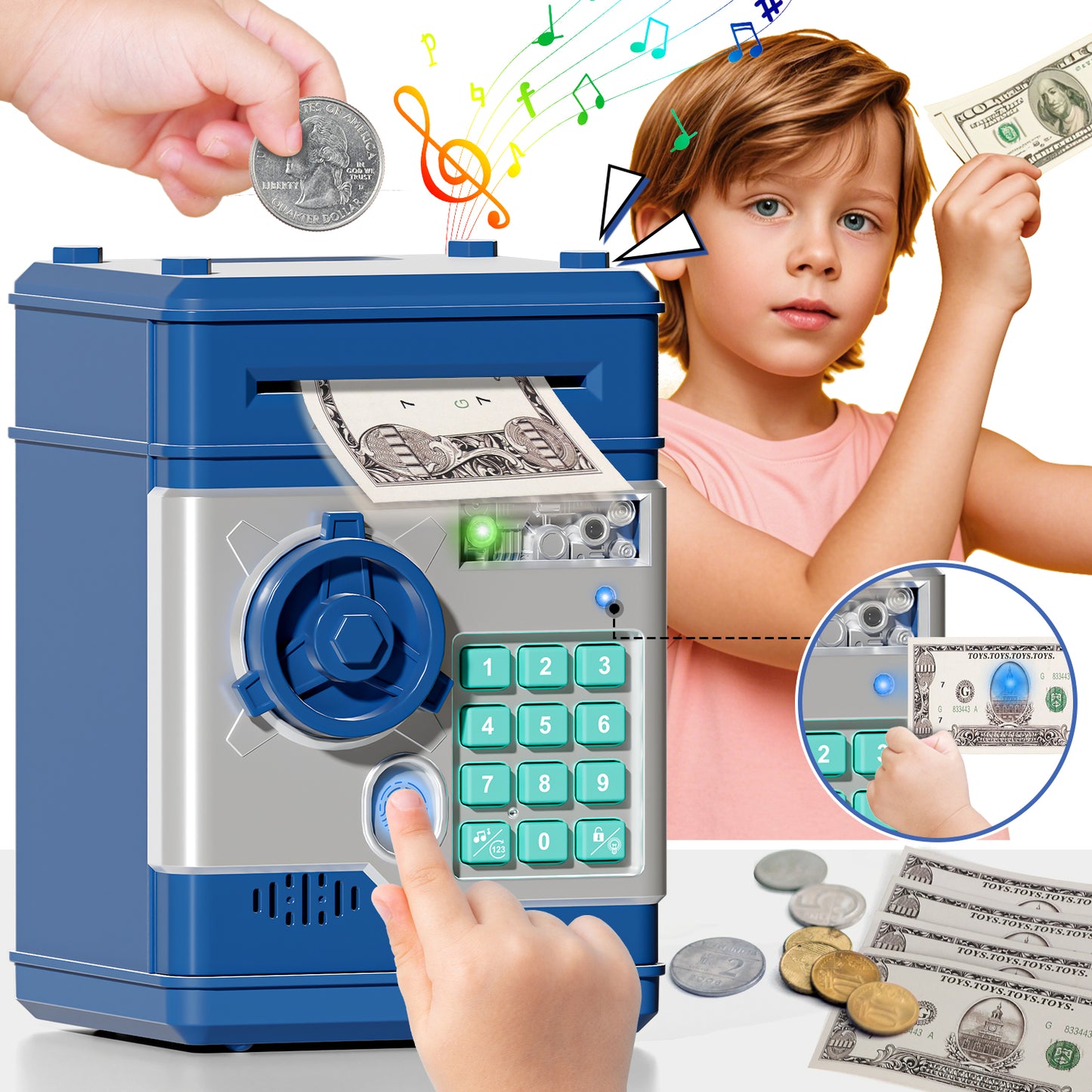 Piggy Bank Toy with Password and Fingerprint Unlocking Simulation, Automatic Electronic Piggy Bank with Music for Kids, Cash Coin Can ATM Bank for 3 4 5 6 7 8 9 Year Old Boys Girls - Blue