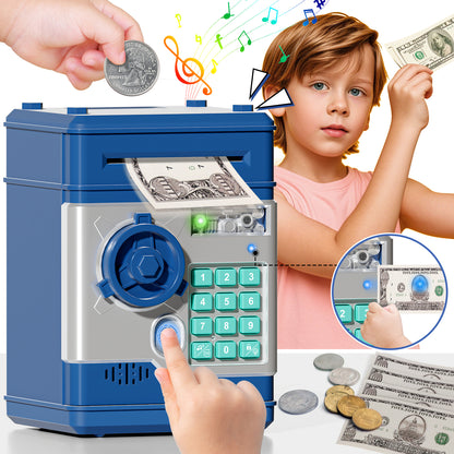 Piggy Bank Toy with Password and Fingerprint Unlocking Simulation, Automatic Electronic Piggy Bank with Music for Kids, Cash Coin Can ATM Bank for 3 4 5 6 7 8 9 Year Old Boys Girls - Blue