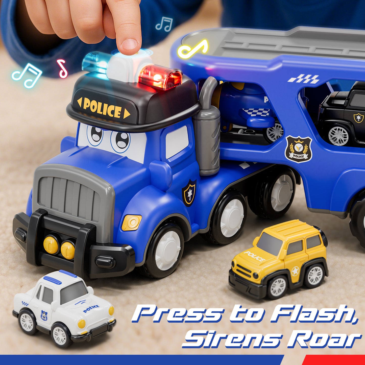Toys for 2 Year Old Boy, Toy Trucks Car for Boys 2 3 4 5 Years Old, Police Truck Toys Cars with Lights & Sounds, 5 in 1 Toddler Carrier Truck Toy with 4 Pull Back Cars, Best Birthday Gifts for Boys
