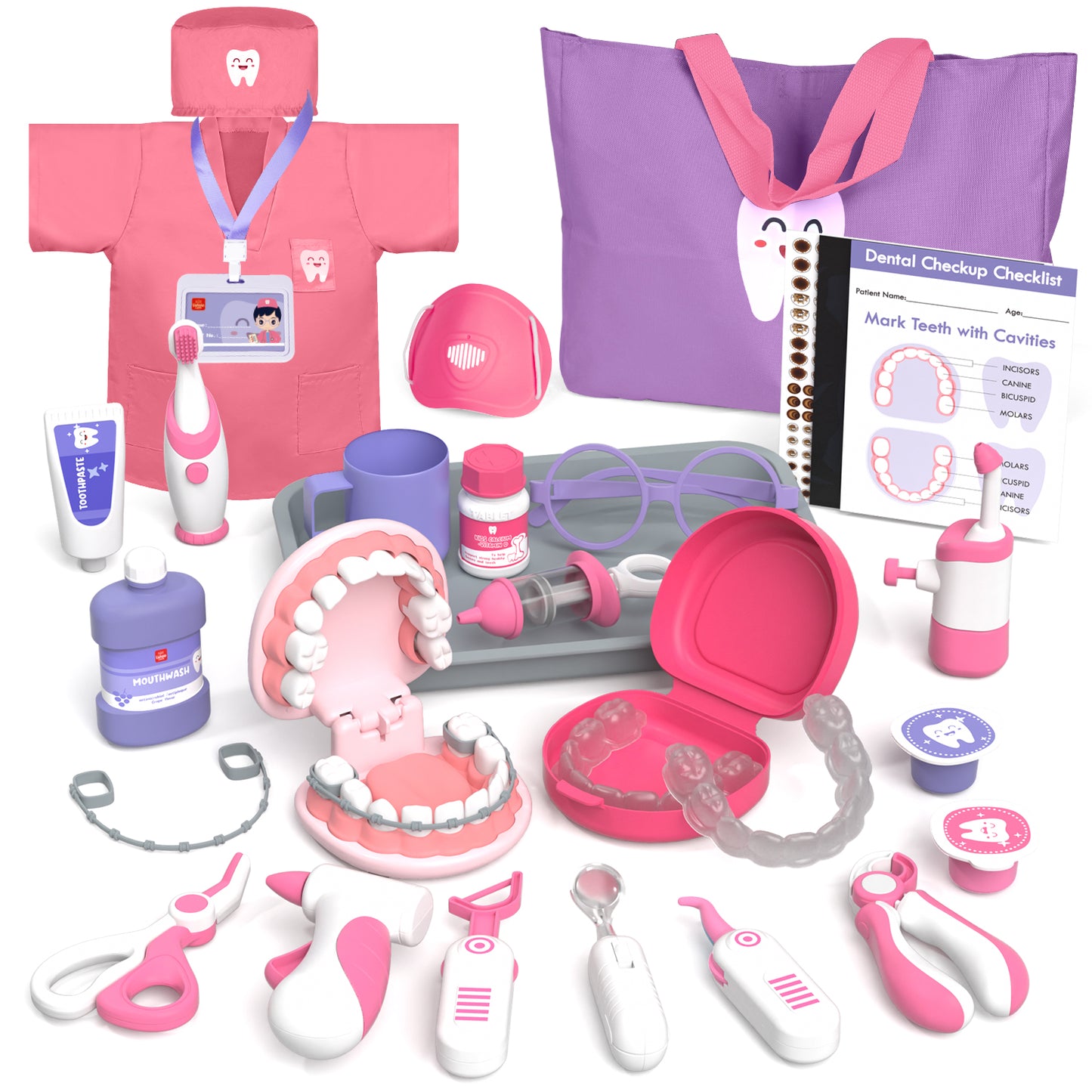 Doctor Kit for Kids, Dentist Playset, Pretend Doctor Kit Dentist Medical Kit with Electronic Stethoscope Toys for 2 3 4 5 6 Year Old Kids - Pink